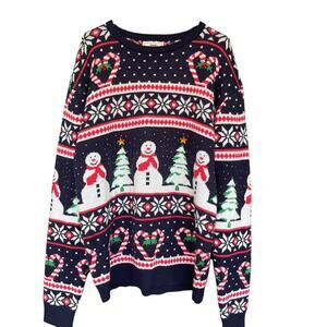 Daisys Sweater XL Navy Ugly Christmas Snowman Tree Fair Isle Knit Festive